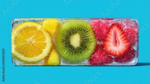 Vibrant Frozen Fruit Slices in Ice Cube Against Bright Blue Background