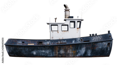 Fotografía Old rusty tugboat with weathered hull and metal chimney
