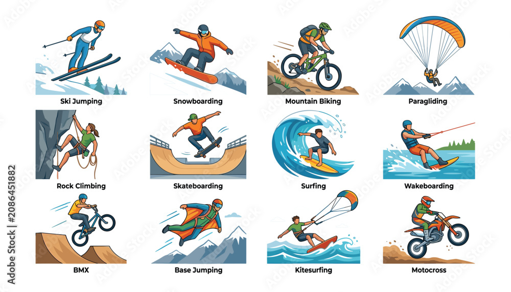 Obraz premium Extreme sports and outdoor adventure activities element set with snowboarding surfing rock climbing mountain biking vector flat illustration