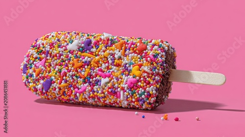 Colorful Ice Cream Bar Covered with Sprinkles on Pink Background