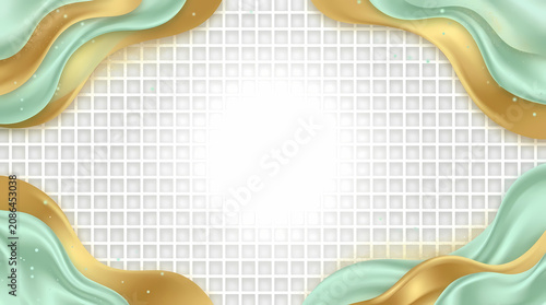 Abstract White Grid Background With Elegant Teal And Gold Wavy Fluid Frame For Modern Graphic Design