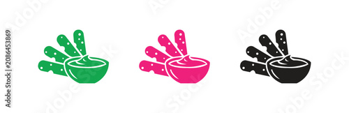 A set of graphic vector icons depicting a delicious bowl of cheesy dip with crunchy sticks, perfect for party snacks, food menus, or appetizer illustrations.