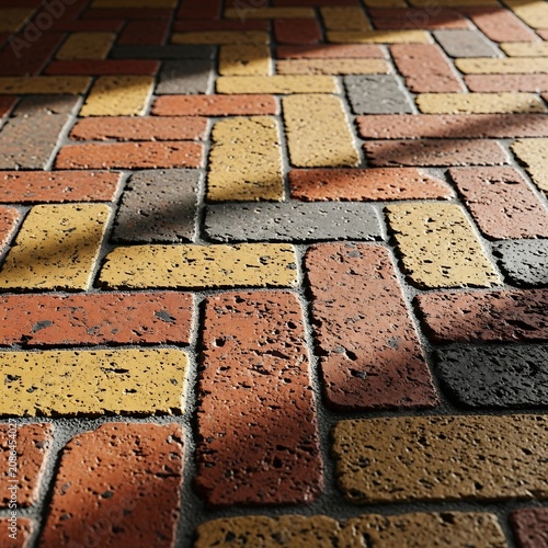 Close up of weathered brick pavement with moss growth.