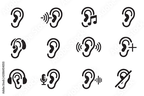 Set of human ear icons for audio and communication featuring various sound symbols including musical notes microphones and hearing aids on white background