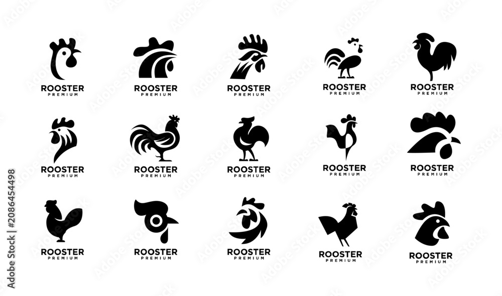 Fototapeta premium Set of Modern Black Silhouette Rooster and Chicken Head Logos. Abstract Vector Icons for Poultry, Farm, Food Branding, Agriculture, and Restaurant Business Design on White Background.