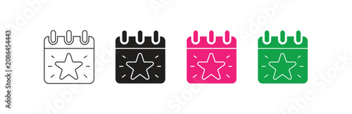 Calendar icons with a shining star, ideal for important dates, favorite events, celebrations, and reminders. Includes outline, solid black, pink, green versions, isolated on transparent background.