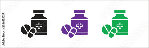 Multiple medicine bottles with cross symbol and pills in black purple and green isolated on white background representing healthcare and pharmaceutical industry