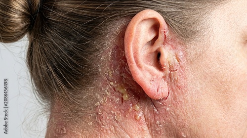Severe inverse psoriasis eczema behind ear with weeping yellow exudate discharge