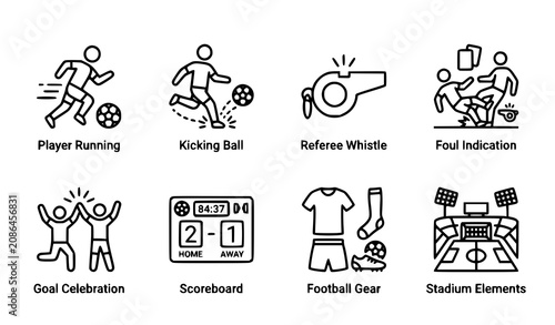 Cuadro en lienzo Soccer Football Line Icon Pack Editable Outline Icons of Player Equipment and Re