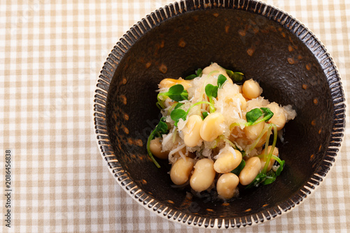 A refreshing side dish of savory soybeans mixed with grated radish and shirasu.