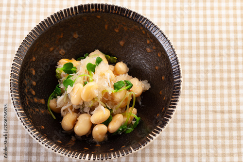 A refreshing side dish of savory soybeans mixed with grated radish and shirasu.
