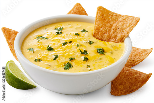 Melted cheese dip in bowl with crispy tortilla chips and lime wedge isolated on white background