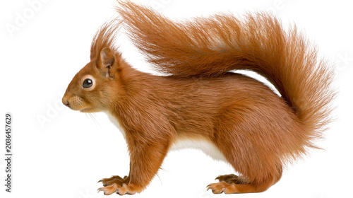 Obraz na plátně Red squirrel with bushy tail and white belly