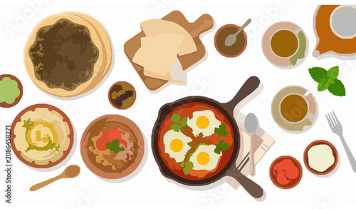 Tableau sur toile Traditional Middle Eastern Breakfast Set with Shakshuka Hummus Foul Mudammas Man