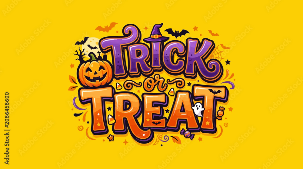 Obraz premium Trick or Treat Halloween lettering with pumpkin, witch hat, ghost, bats