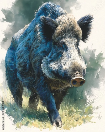 Detailed watercolor illustration of a wild boar standing among green forest vegetation, created with soft washes and fine artistic details of the fur and tusks.