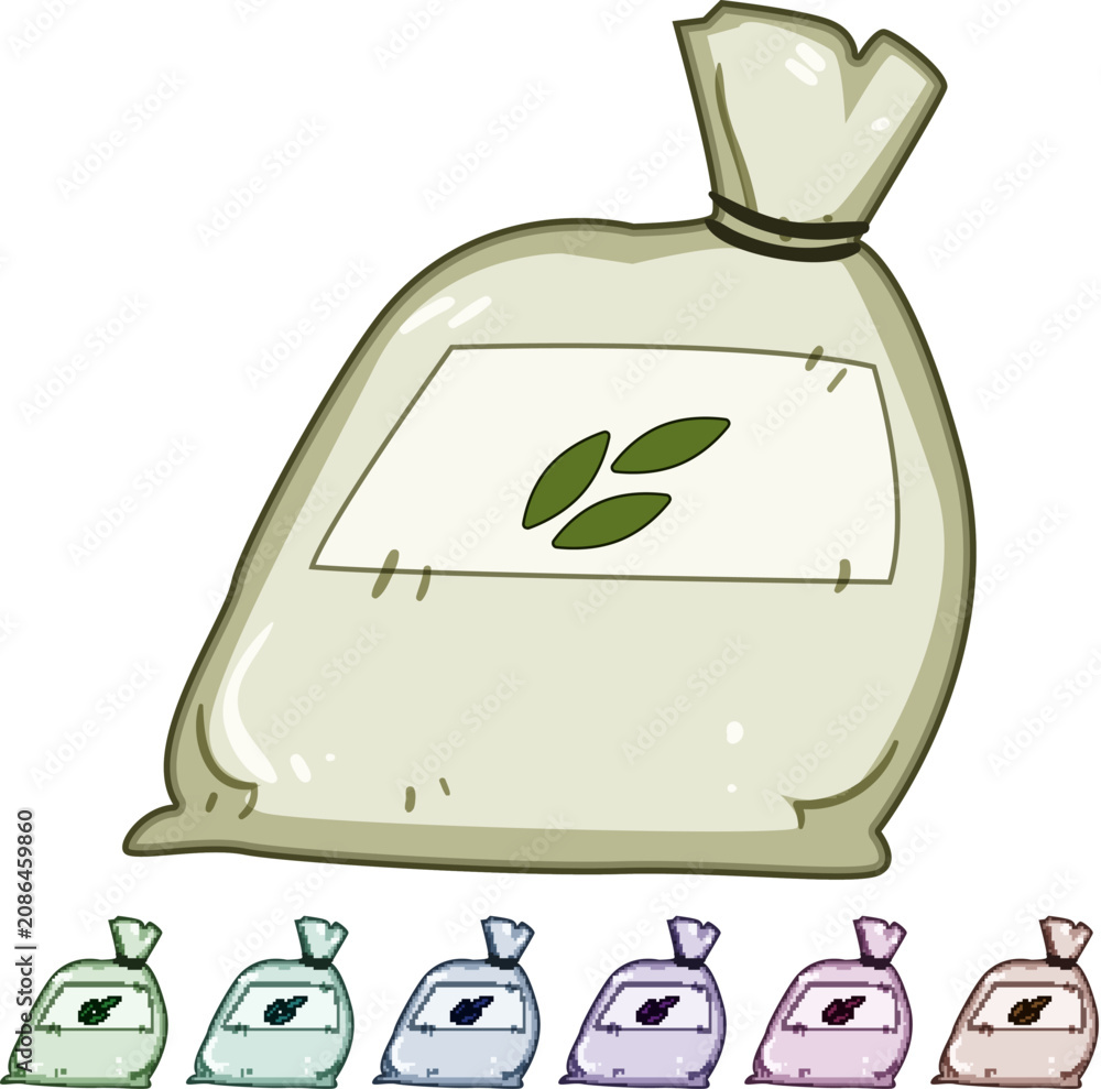 Fototapeta premium Seed bag illustration with blank label and three brown seeds, symbolizing gardening, farming, sustainable food production, growth, soil health and organic planting concepts