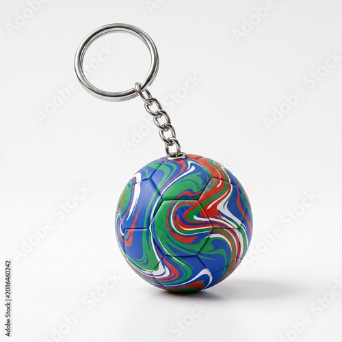 Colorful Soccer Ball Keychain Product Photography with Abstract Swirl Pattern Background.