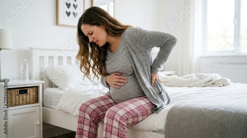Pregnant woman experiencing labor pains and back pain while sitting on a bed