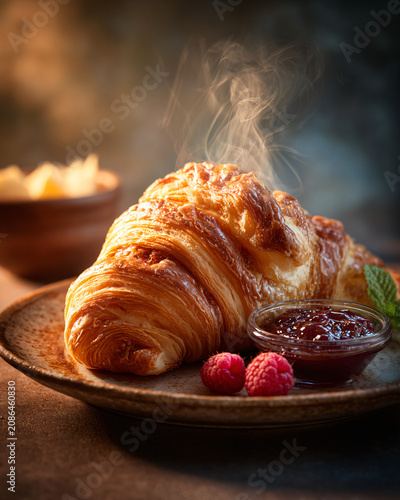 Freshly baked French butter croissant with realistic warm steam rising naturally, creamy butter melting slowly beside the croissant, homemade raspberry jam, rustic ceramic plate