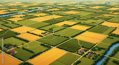 Aerial view of vibrant agricultural fields with winding roads.