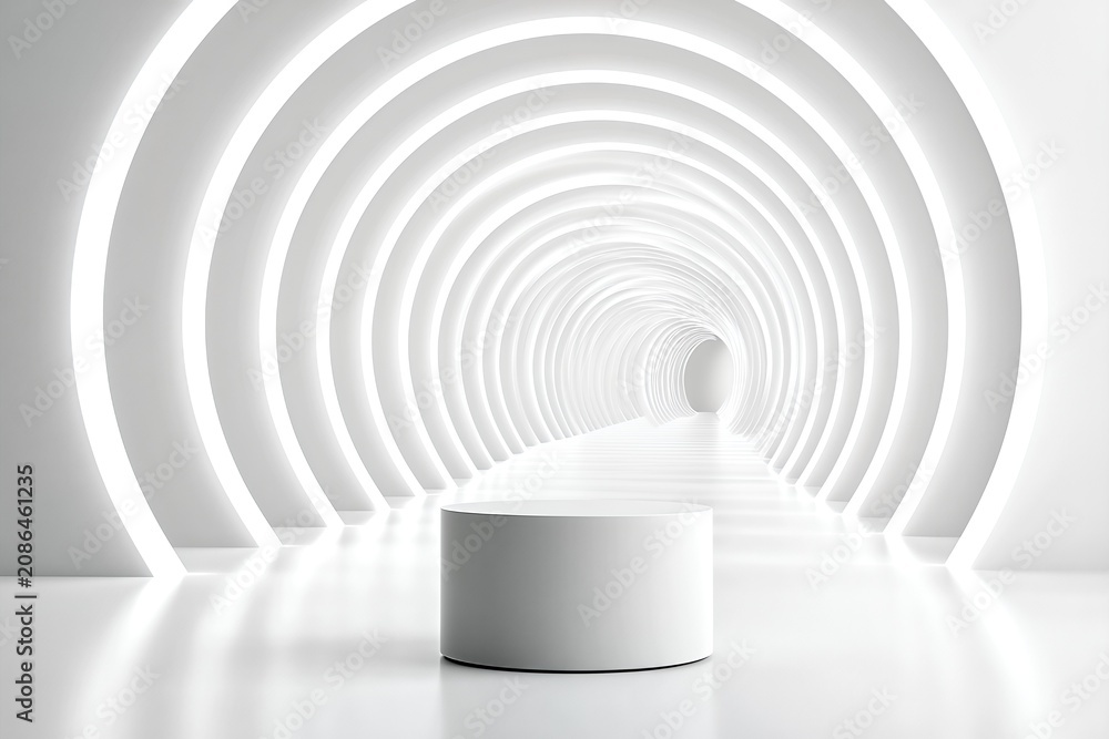 Fototapeta premium Futuristic White Tunnel With Product Display Pedestal, Modern Abstract Architecture For Technology And Innovation Showcase