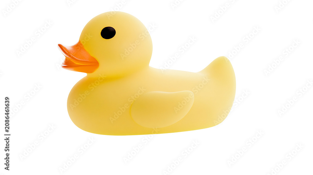 Fototapeta premium Yellow rubber duck toy with orange beak and black eye