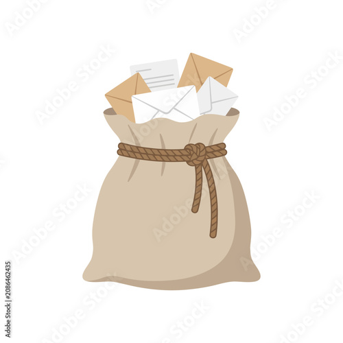 Mail bag full of letters and envelopes burlap sack postal delivery