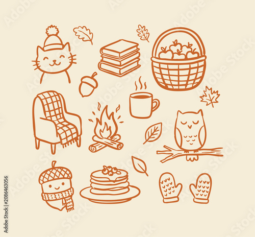 Hand drawn cozy autumn, hygge lifestyle elements collection with cute cat in winter hat, stack of books, armchair, coffee mug, sleeping owl, apple basket and campfire icons vector illustration