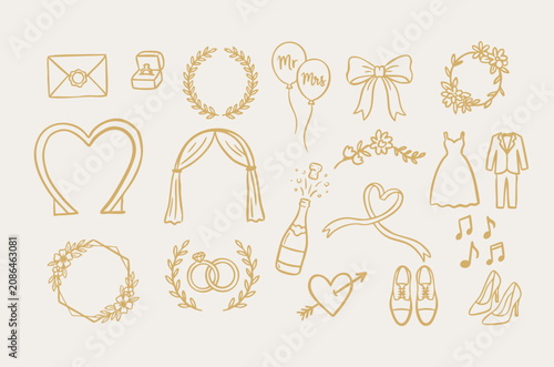 Hand drawn elegant marriage and bridal element collection with bride gown, tuxedo suit, laurel wreaths, Mr and Mrs balloons, champagne bottle, ceremony arch, music notes and wedding rings vector icons