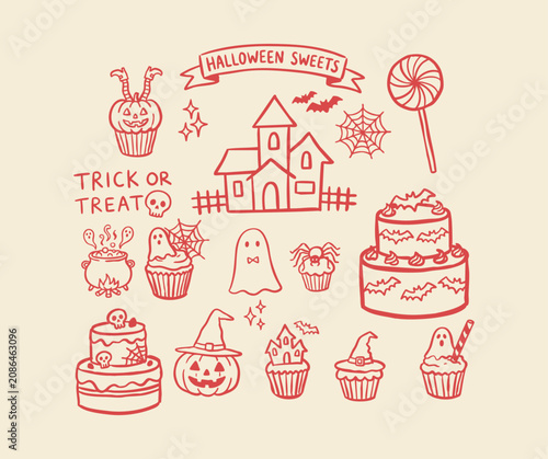 Hand drawn festive Halloween confectionery collection, spooky bakery icon with haunted mansion, cupcakes, spider web, Halloween sweets, smiling ghosts, bubbling cauldron and trick or treat decor