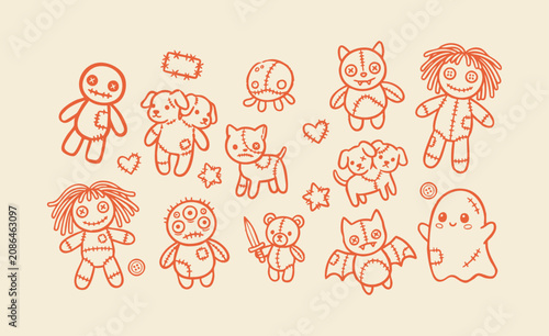 Hand drawn creepy cute voodoo, spooky Halloween toy collection with stitched ghost bat, two headed puppy, kitten monster, patchwork doll, teddy bear and gothic plushie icons vector illustration