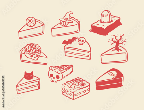 Hand drawn gothic bakery dessert, spooky Halloween cakes icon collection with creepy eye, skull brain, rip tombstone pie slices, witch hat pumpkin and spider web cakes vector illustration