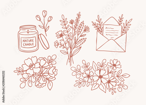 Hand drawn whimsical botanical, floral decor vector illustration pack with nature candles, bouquet, spring blossoms and decorative letter envelopes