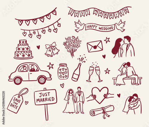 Hand drawn romantic marriage, bridal reception icon collection with happy wedding banner, kissing couple, hugging newlyweds, wedding bells, love jar, just married car and romantic dinner vector