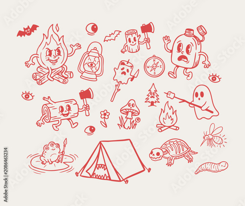 Hand drawn spooky camping, vintage cartoon horror icon collection with haunted tents, monster bonfire, ghost roasting marshmallows, axes skeleton turtle, swamp frog and compass vector illustration