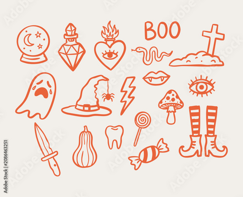 Hand drawn witchcraft and Halloween icon set, spooky season celebration elements with mystical crystal ball, witch boots, vampire fangs, graveyard cross, sacred heart eye and potion flask vector