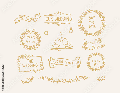 Hand drawn wedding typography or floral greeting badges collection with save the date, just married ribbon, love birds, interlocking rings, thank you and wedding invitation banners vector illustration