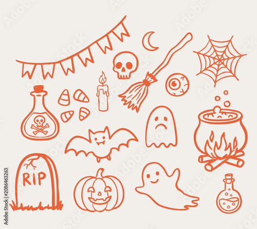 Retro cartoon hallows eve sticker, horror celebration hand drawn elements with friendly ghosts, flying bat, magic broom, potion flask, skull, spiderweb, jack-o-lantern and cauldron vector illustration