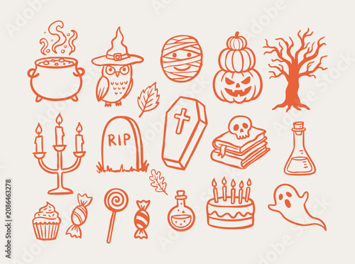Hand drawn witchcraft ritual vector, cute Halloween sticker pack elements with wise witch owl, cauldron, spellbook, skull, creepy coffin, candelabra, potion flasks, stacked pumpkins and spooky tree