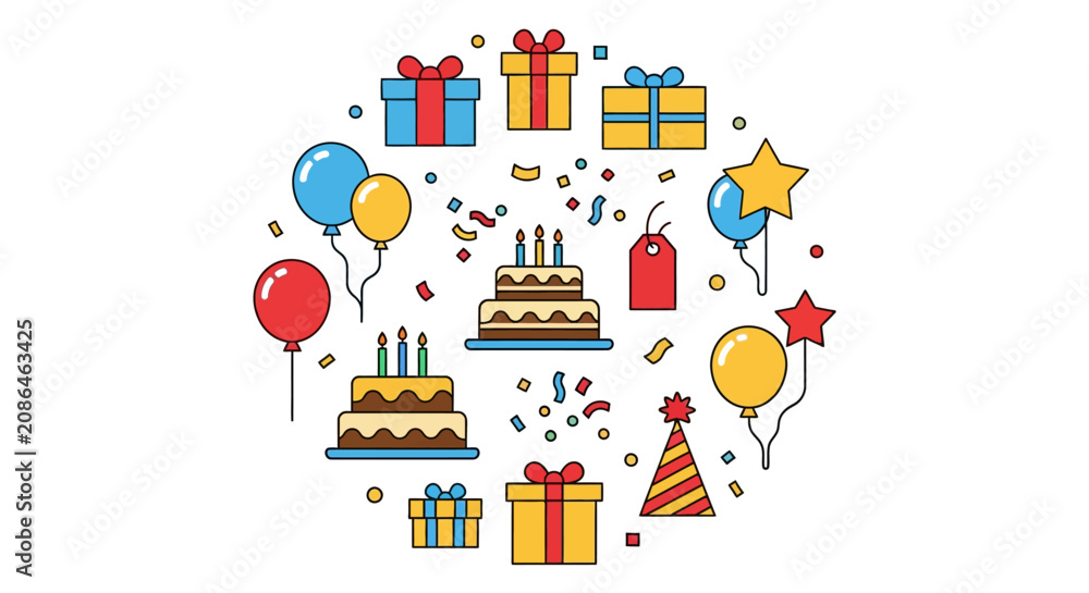 Naklejka premium Colorful birthday party celebration icons.