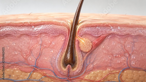 Microscopic cross section of human skin with hair follicle and sebaceous gland. 3D medical illustration of anatomy structure. Dermatology, skincare and biology science concept.