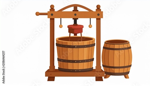 Wooden wine barrel storage rack with two barrels.