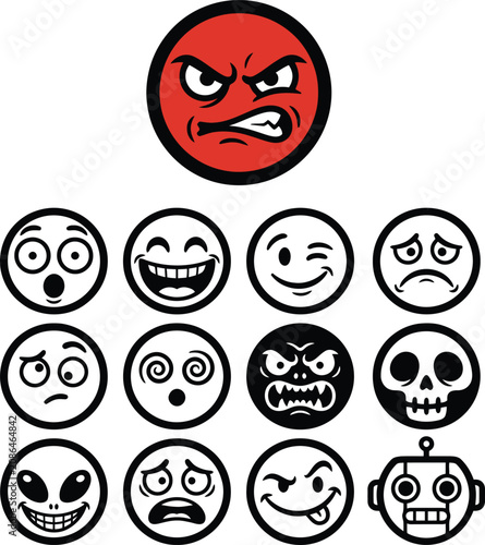 Collection of 12 stylized emoji faces and with varied expressions and a red angry face emoticon symbol