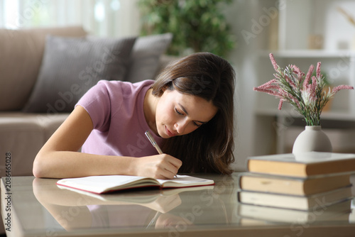 Konstfotografi Serious woman writing note in paper agenda on a coffee table