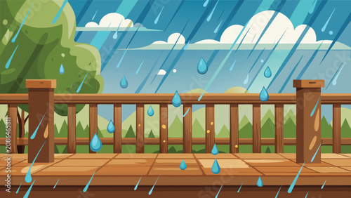 Photos Heavy rain falling on wooden balcony railing with forest background after rain o