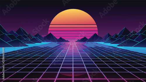 Fotografía Retro synthwave futuristic landscape with digital grid and setting sun synthwave
