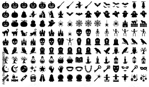 Halloween Black Silhouette Vector Pack with Ghost Witch Pumpkin Bat Haunted House and Autumn Holiday Icons