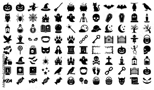 Halloween Silhouette Icon Set Vector with Pumpkins Ghosts Witches Bats Haunted House and Spooky Holiday Symbols