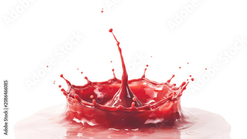 A vibrant red liquid splash forming a crown shape with a central rising droplet, isolated on a black background, showing fluid dynamics